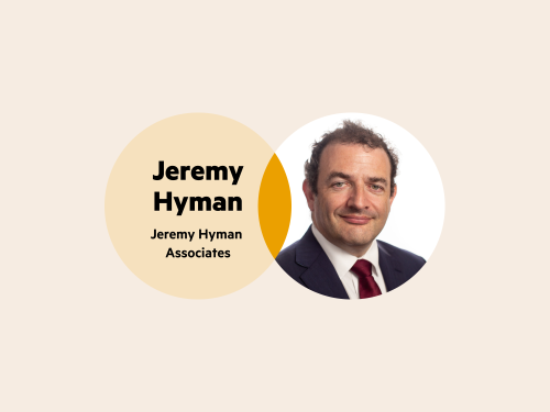 A Venn diagram. The left circle is pale yellow with the words 'Jeremy Hyman, Jeremy Hyman Associates', and the right circle is Jeremy's headshot. He has short hair, and is wearing a white shirt, purple tie and dark jacket.