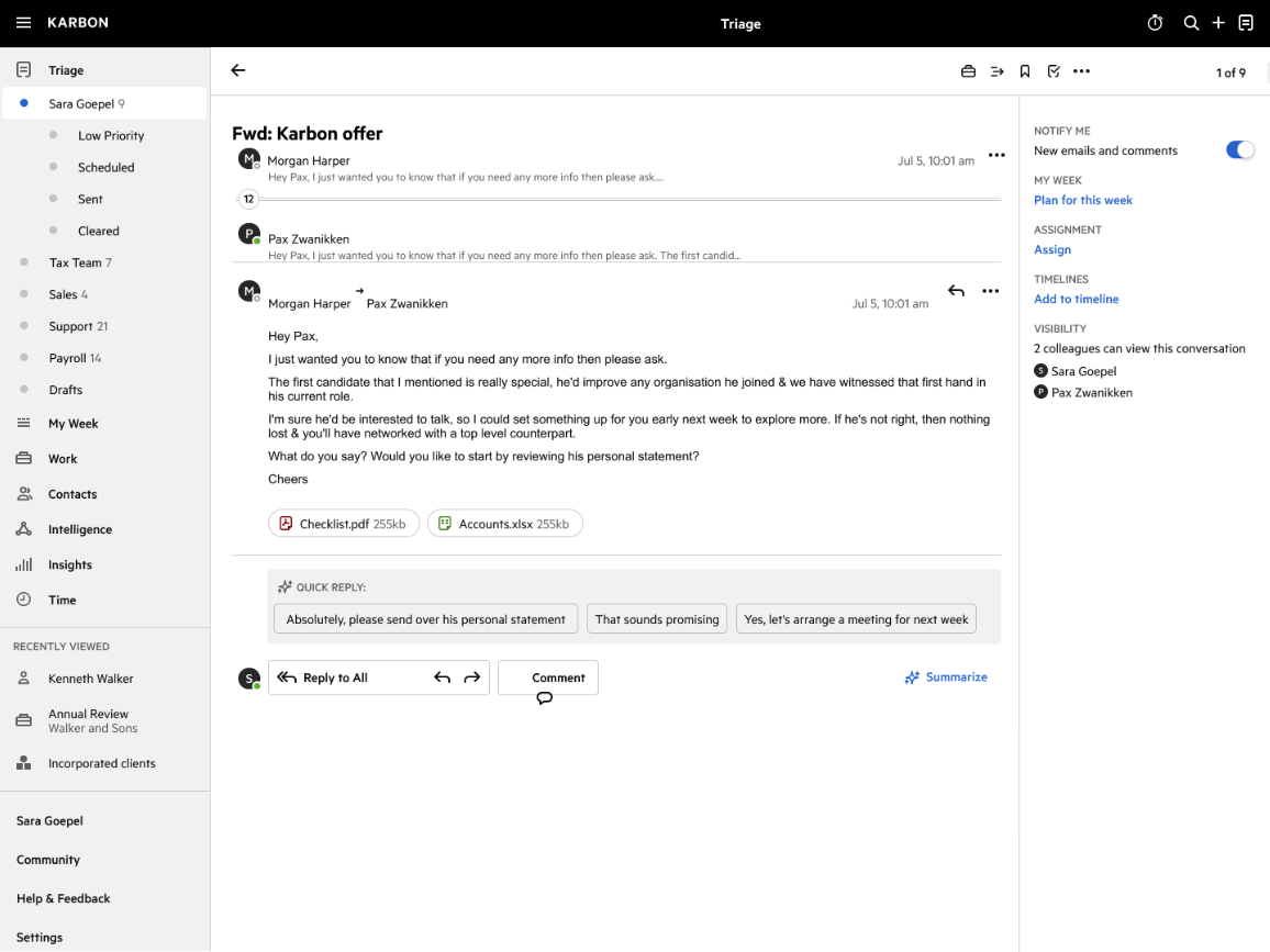 Karbon generates Quick Replies to an email exchange