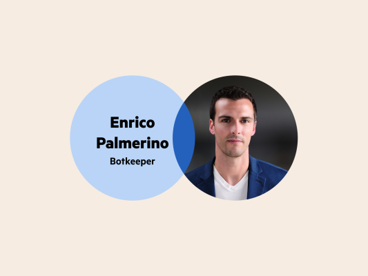 A Venn diagram—the left circle has the words 'Enrico Palmerino Botkeeper' and the right is Enrico's headshot (he is wearing a white tshirt and navy blazer).