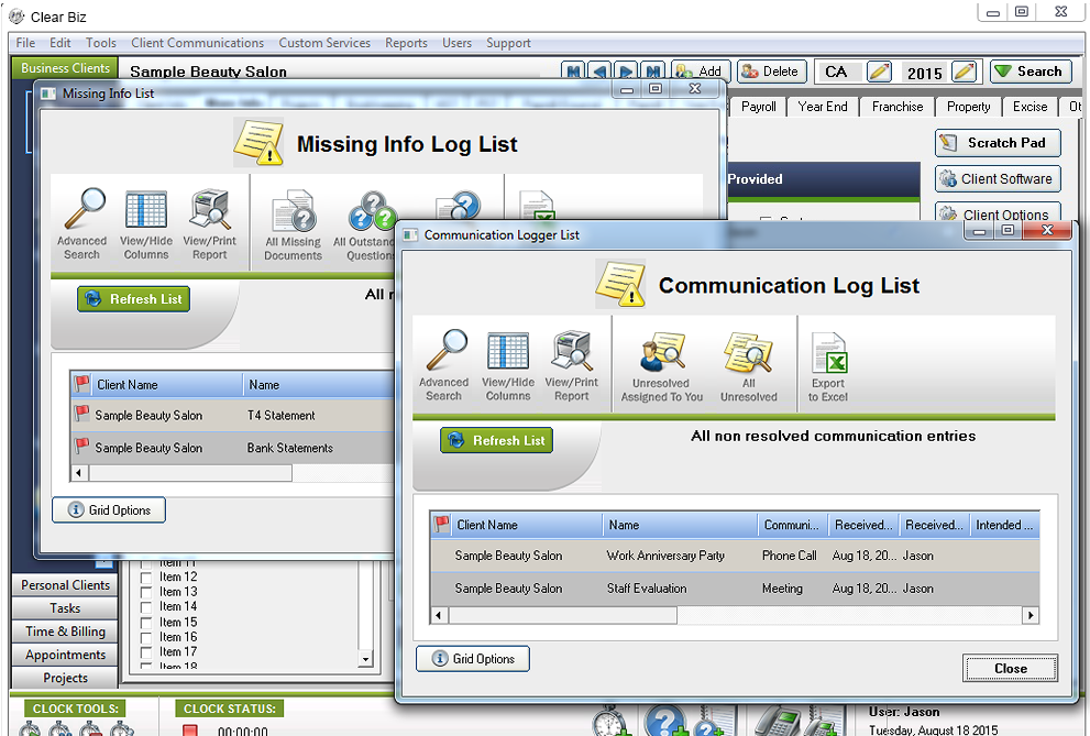 A screenshot of a communication log in ClearBiz