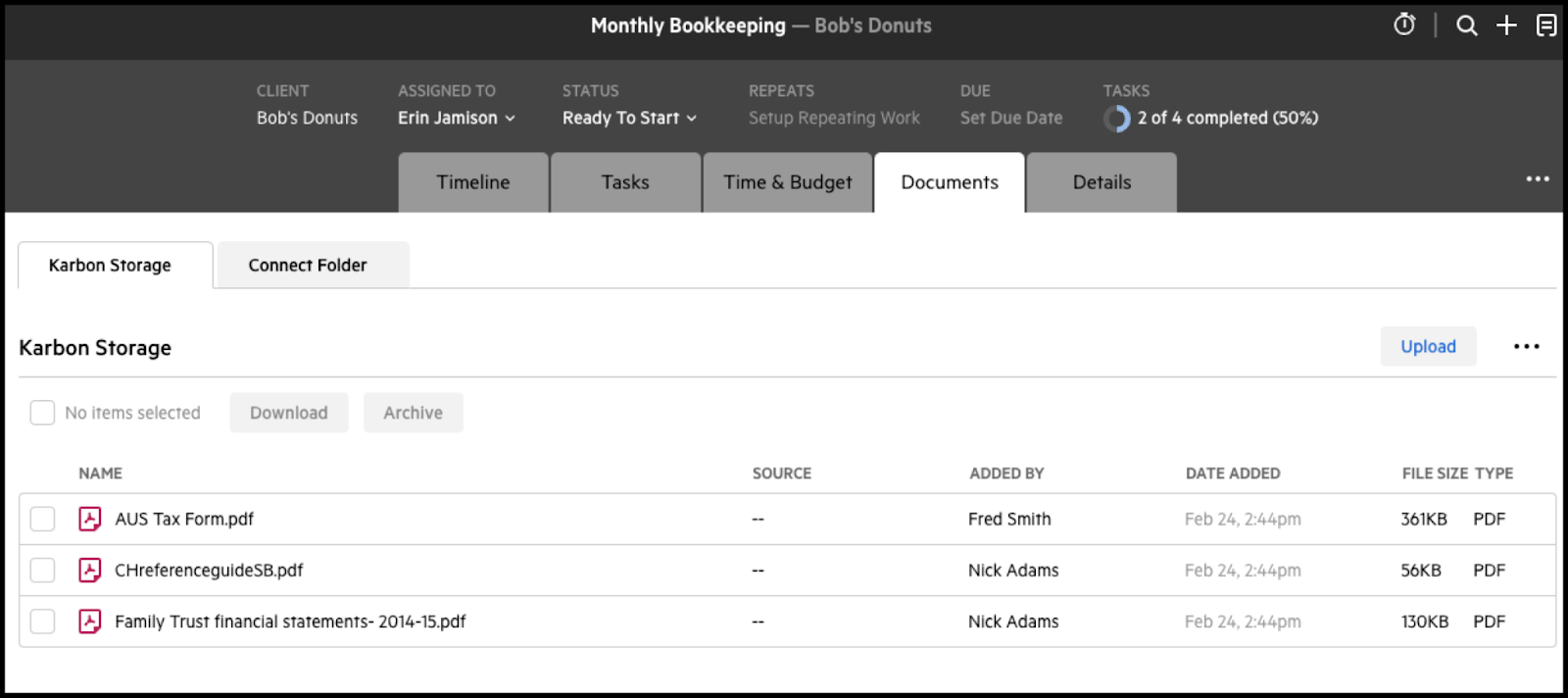 A screenshot of the Built-in document storage within Karbon