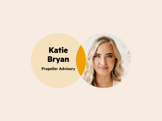 A Venn diagram — the left circle says 'Katie Bryan Propeller Advisory' and the right circle is Katie's headshot.