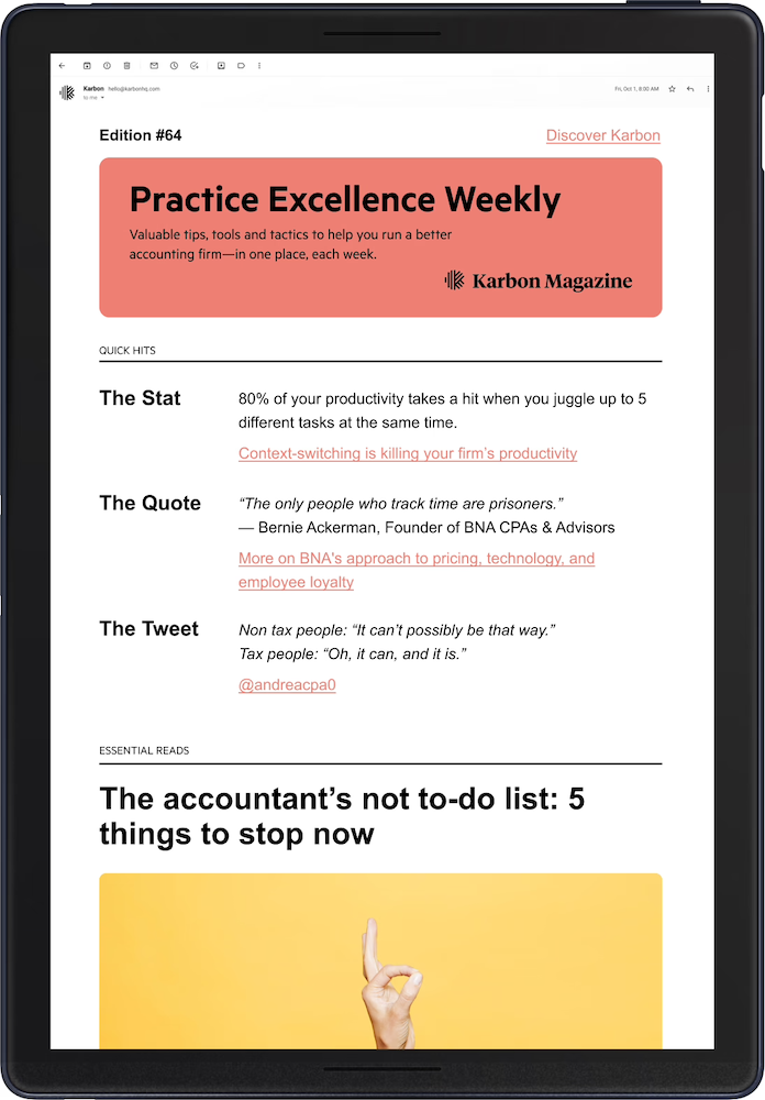 Close-up of a tablet displaying Karbon Magazine’s Practice Excellence Weekly, featuring a bold headline on accountant productivity and an article titled The accountant’s not to-do list.