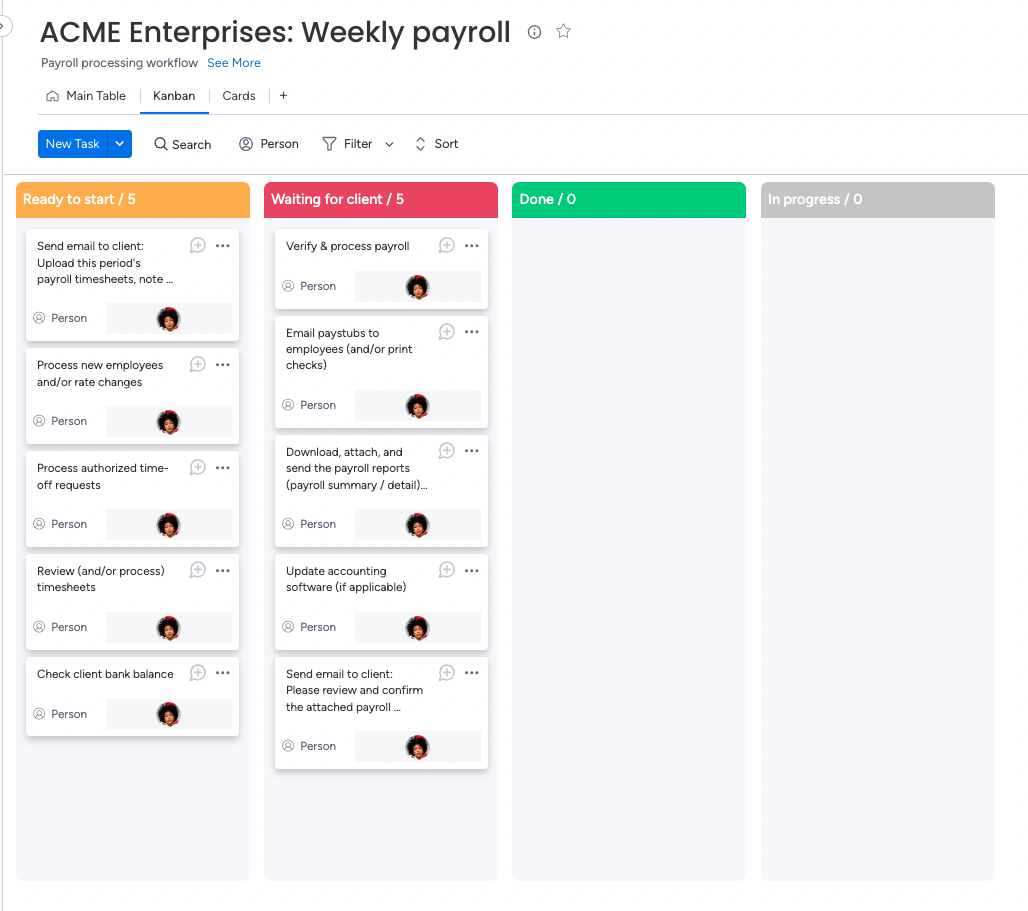 A mock up of a payroll processing workflow in Monday.com. The workflow is in a Kanban board format with each column labeled as a status in the workflow.