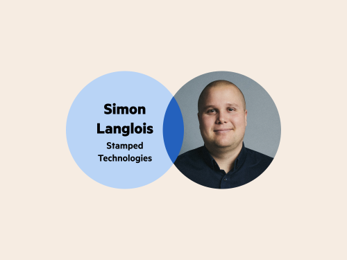 A Venn diagram. The left circle has the words 'Simon Langlois, Stamped Technologies', and the right circle is Simon's headshot. He has a buzzcut, is clean shaven and is wearing a dark collared shirt.