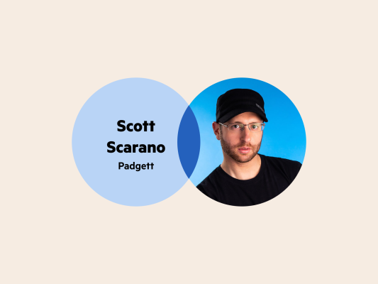 A Venn diagram: in the left circle are the words 'Scott Scarano Padgett' and in the right circle is Scott's headshot, where he's wearing glasses and a black cap and shirt.