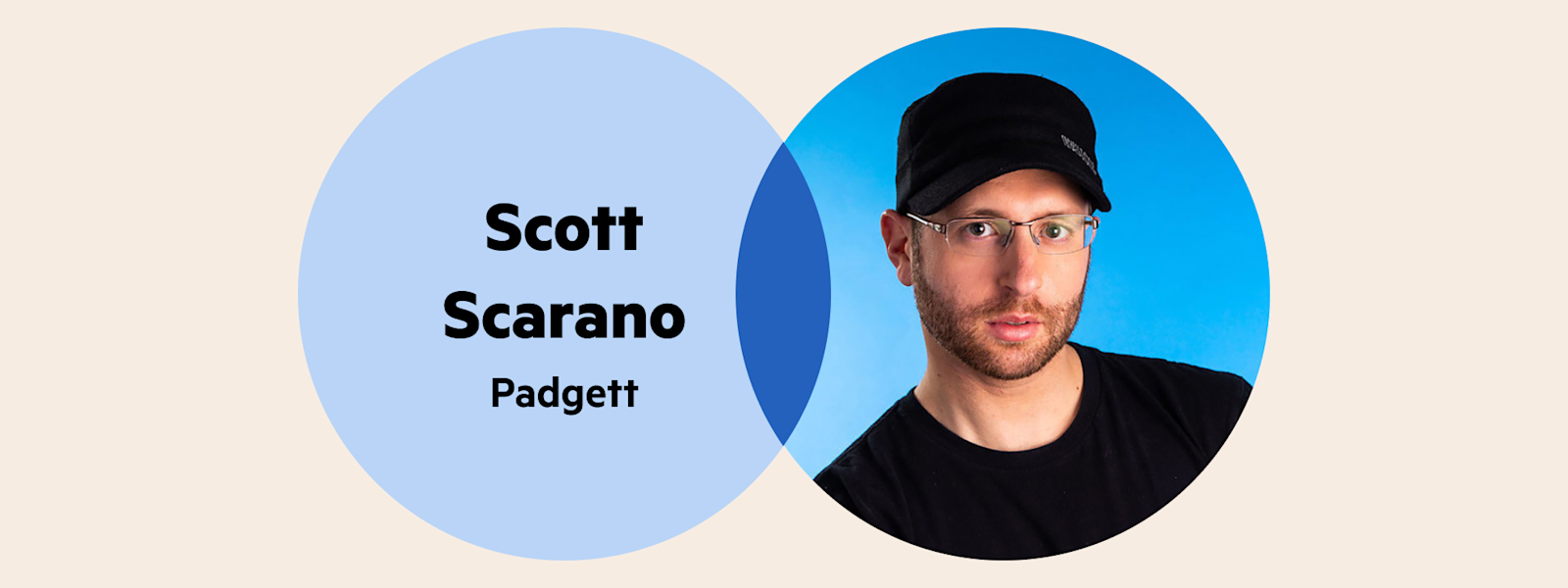 A Venn diagram: in the left circle are the words 'Scott Scarano Padgett' and in the right circle is Scott's headshot, where he's wearing glasses and a black cap and shirt.
