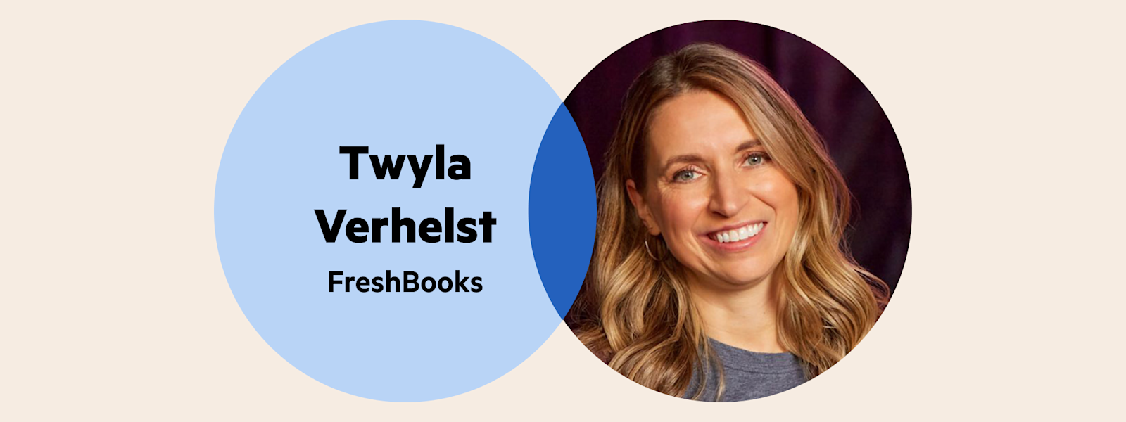 A Venn diagram. The left circle is pale blue with the words 'Twyla Verhelst Freshbooks', and the right circle is Twyla's headshot