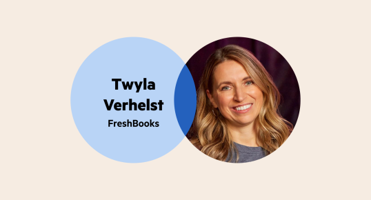A Venn diagram. The left circle is pale blue with the words 'Twyla Verhelst Freshbooks', and the right circle is Twyla's headshot