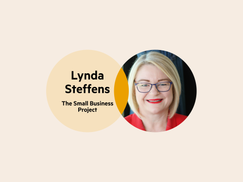 A Venn diagram: the left circle has the words 'Lynda Steffens, The Small Business Project', and the right circle is Lynda's headshot.