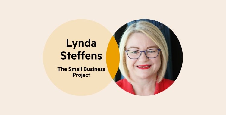 A Venn diagram: the left circle has the words 'Lynda Steffens, The Small Business Project', and the right circle is Lynda's headshot.