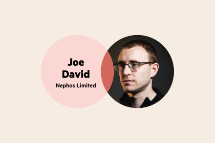A Venn diagram — the left circle is pink with the words 'Joe David Nephos Limited' and the right circle is Joe's headshot (he is looking away from the camera and wears glasses).