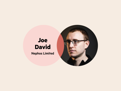 A Venn diagram — the left circle is pink with the words 'Joe David Nephos Limited' and the right circle is Joe's headshot (he is looking away from the camera and wears glasses).