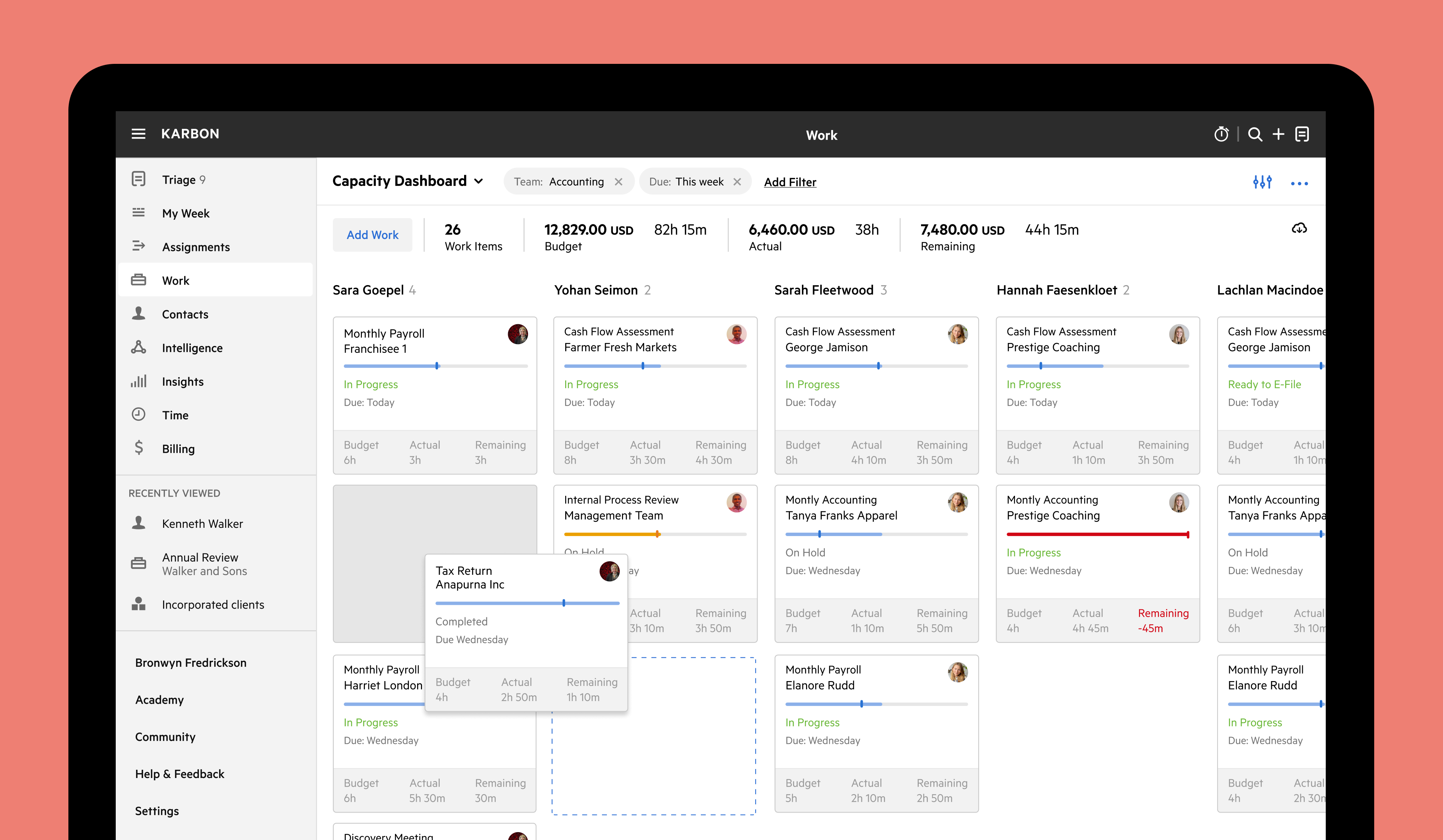 A capacity dashboard view in Karbon—an accounting practice management tool with deep project management capabilities—using the Kanban view functionality.