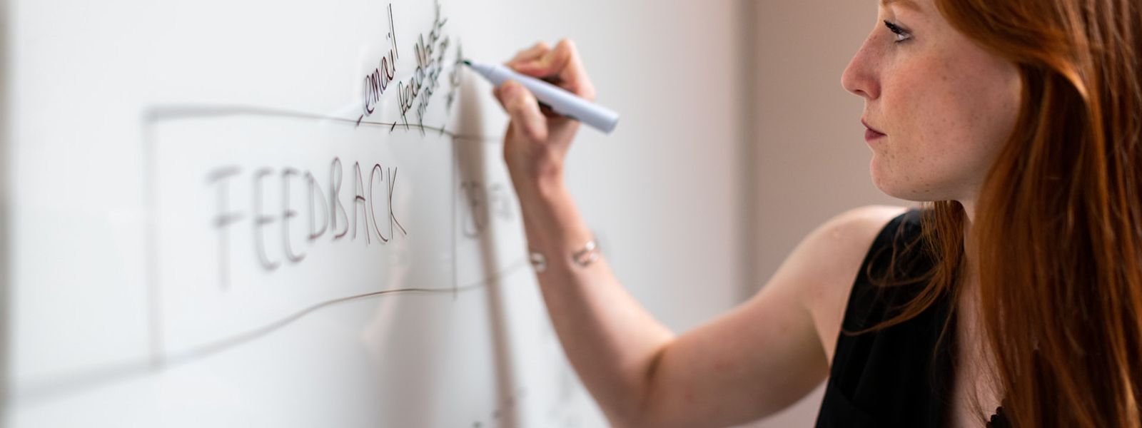 A side-view of a person writing on a whiteboard. You can see the words 'Feedback' and 'Use APIs'. They have long red hair and are wearing a black sleeveless blouse.