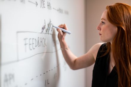 A side-view of a person writing on a whiteboard. You can see the words 'Feedback' and 'Use APIs'. They have long red hair and are wearing a black sleeveless blouse.
