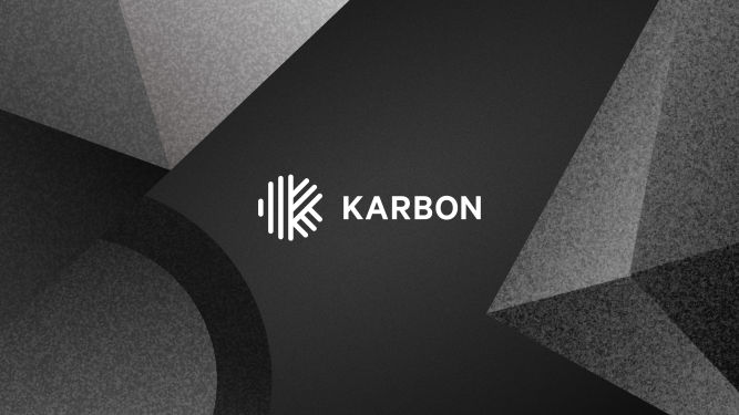 A hero image for the press release that is announcing Karbon AI. It's a greyscale image with the Karbon logo in white and centered, with texture geometric shapes overlayed in the background.
