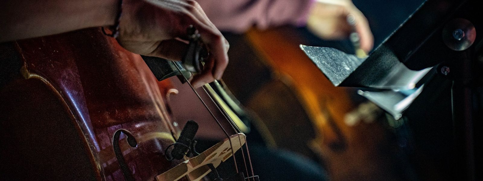 Two people play the cello reading from sheet music.