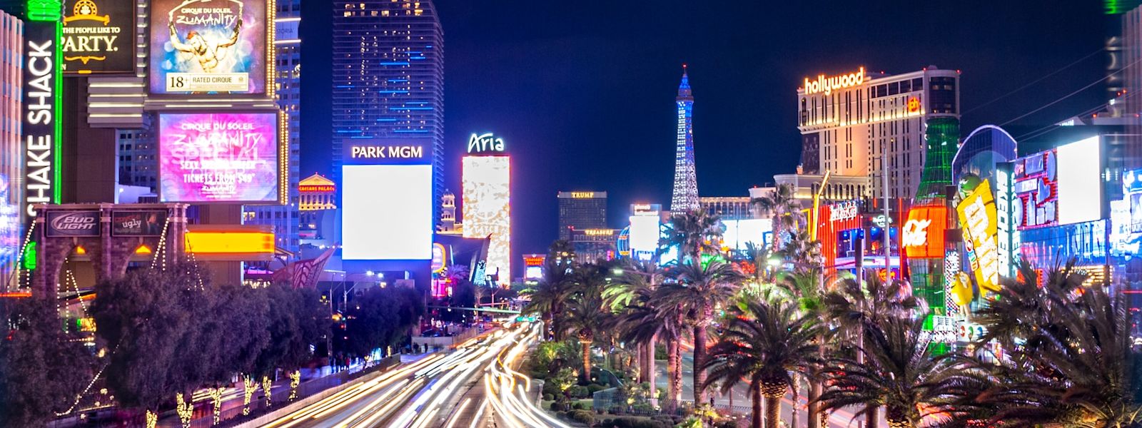 A slow-exposure image of the Las Vegas strip at night.