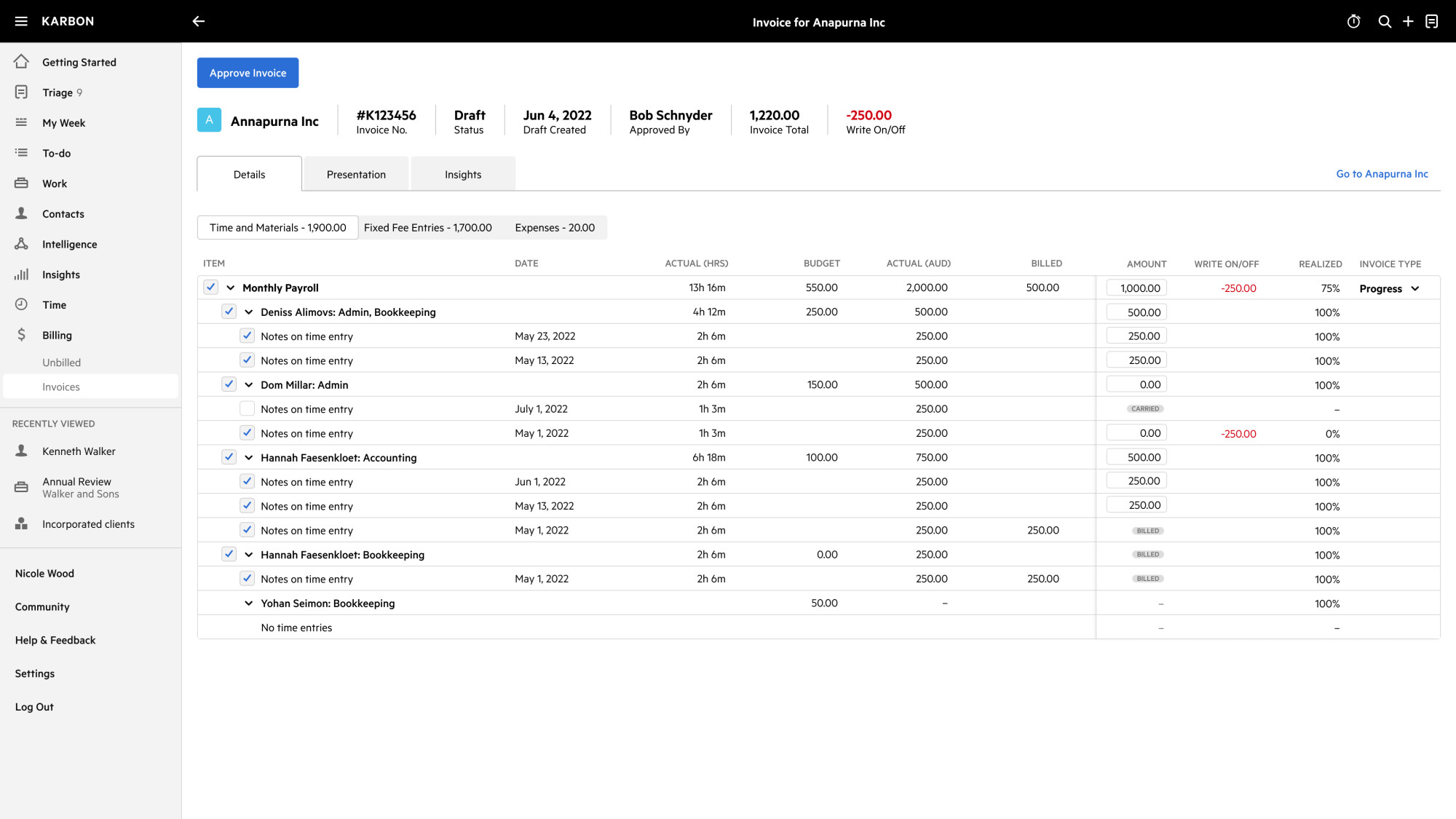 Karbon's invoice details feature.