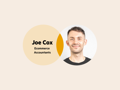 A Venn diagram: the left circle is pale yellow with the words 'Joe Cox Ecommerce Accountants', and the right circle is Joe's headshot. He has short hair, stubble and is wearing a black tshirt. The circle crossover section is bright yellow/ orange.