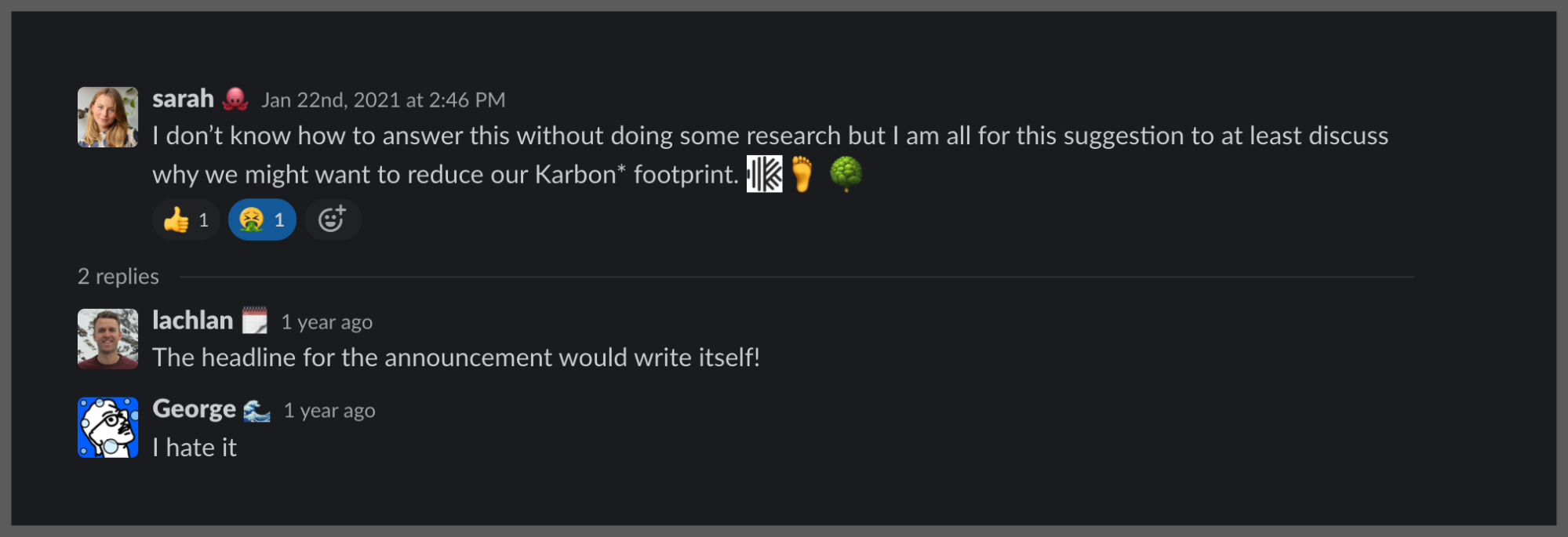 A screenshot of a Slack conversation discussing the puns that can be used by using the works Karbon and carbon.
