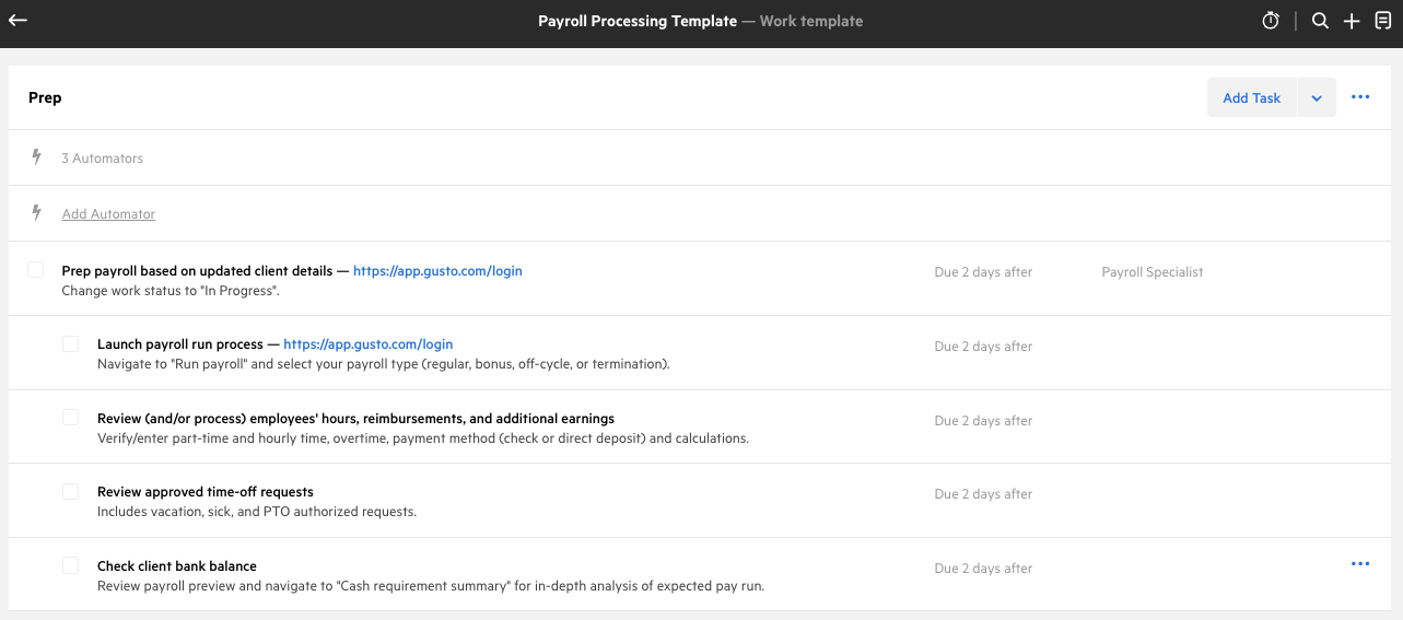 A screenshot of the Prep Payroll steps in the Payroll Processing template from Karbon.
