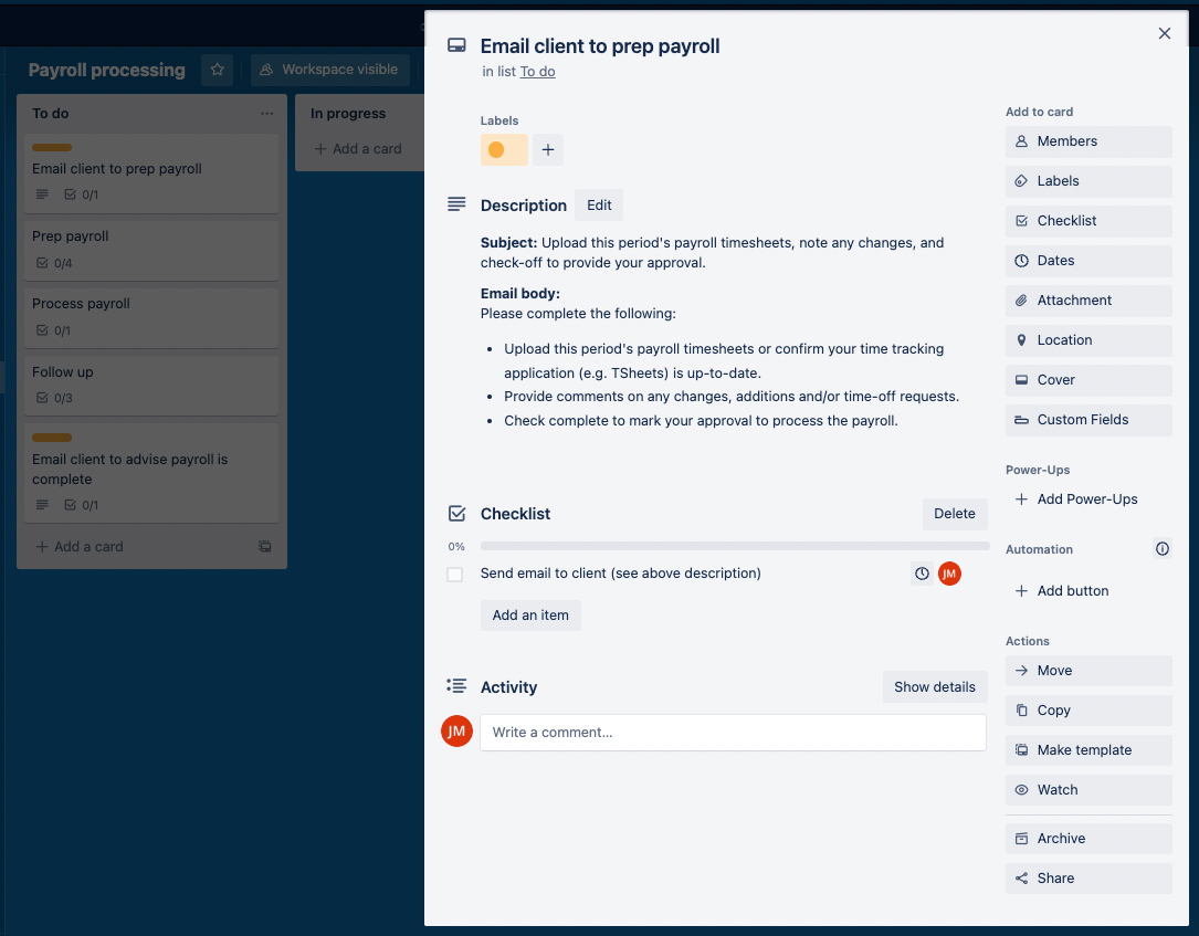 A mock up in Trello of a payroll processing workflow based on a Karbon template.