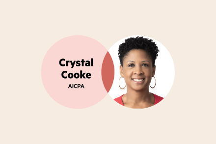 A Venn diagram. The left circle is pink with the words 'Crystal Cooke AICPA', and the right circle is Crystal's headshot (she has short, dark hair and is wearing gold hoop earrings and a red top).