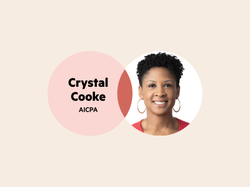 A Venn diagram. The left circle is pink with the words 'Crystal Cooke AICPA', and the right circle is Crystal's headshot (she has short, dark hair and is wearing gold hoop earrings and a red top).