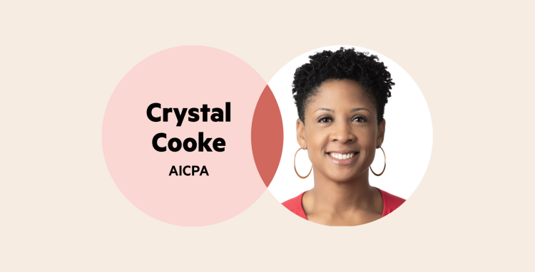 A Venn diagram. The left circle is pink with the words 'Crystal Cooke AICPA', and the right circle is Crystal's headshot (she has short, dark hair and is wearing gold hoop earrings and a red top).