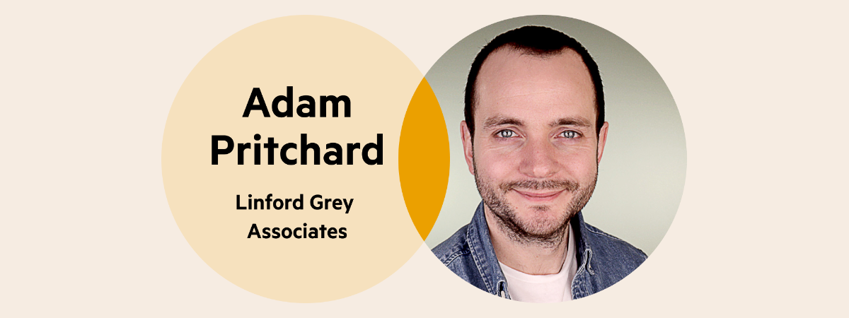 A Venn diagram: the left circle is pale yellow with the words 'Adam Pritchard, Linford Grey Associates', the right circle is Adam's headshot, and the overlap of circles is a deep yellow.