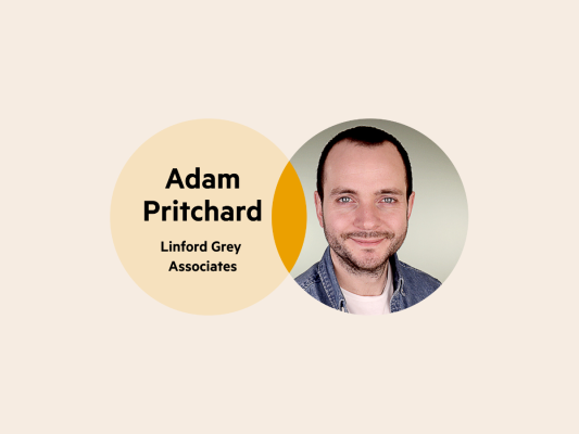 A Venn diagram: the left circle is pale yellow with the words 'Adam Pritchard, Linford Grey Associates', the right circle is Adam's headshot, and the overlap of circles is a deep yellow.