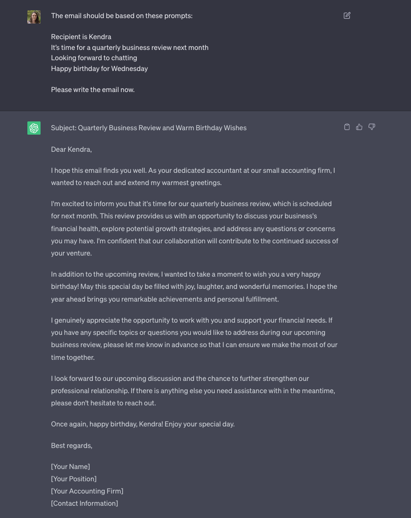 A screenshot of ChatGPT being asked to write and email and then ChatGPT's response. It's a long email, spanning over 20 lines. It includes a subject line.