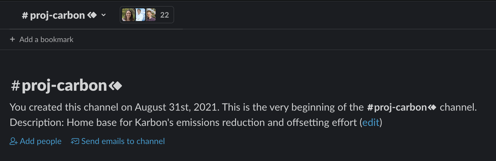 A screenshot of the carbon offsetting Slack channel in the Karbon workspace.