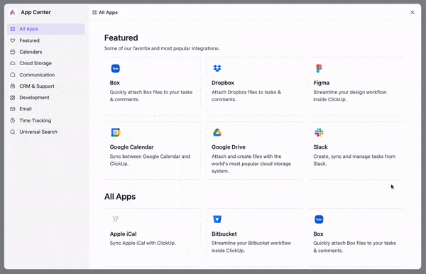 ClickUp's integration library, which lacks any direct integration with accounting-specific apps.