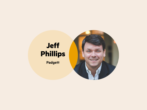 A Venn diagram. The left circle is yellow with the words 'Jeff Phillips Padgett', and the right circle is Jeff's headshot—he's got thick, short brown hair and is wearing a white collared shirt and a dark blazer.