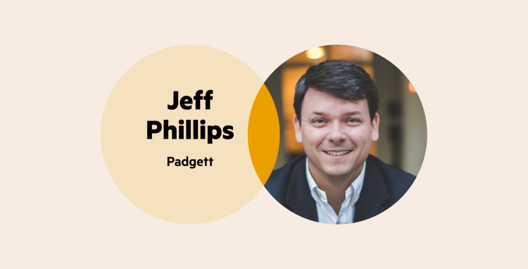 A Venn diagram. The left circle is yellow with the words 'Jeff Phillips Padgett', and the right circle is Jeff's headshot—he's got thick, short brown hair and is wearing a white collared shirt and a dark blazer.