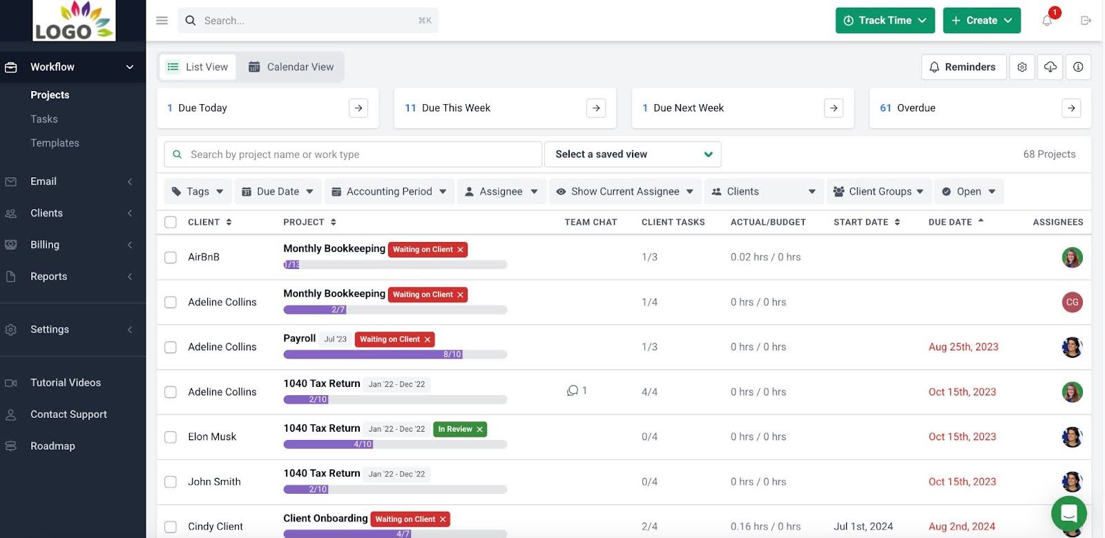 A view of the work dashboard in Financial Cents