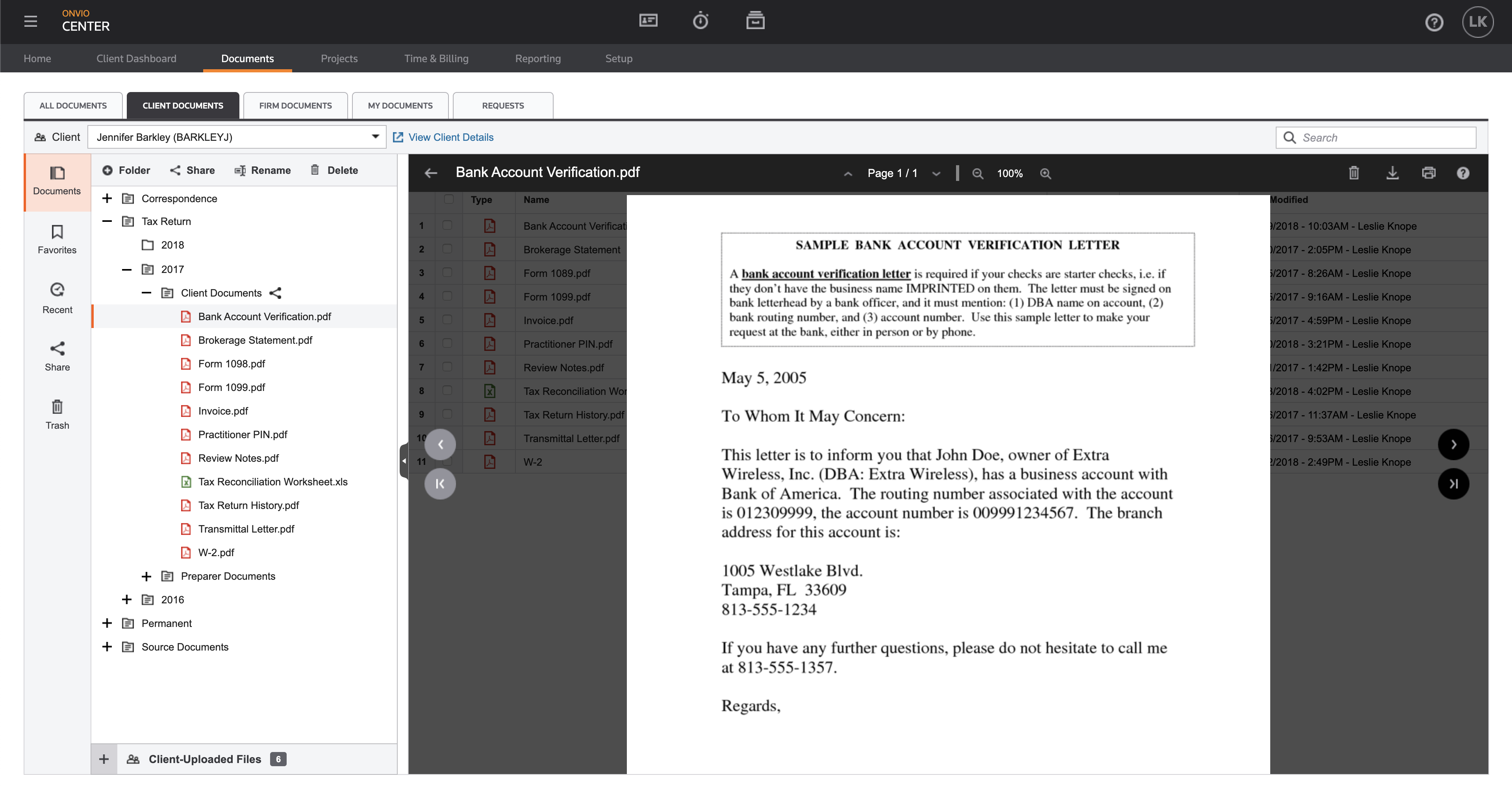 A screenshot of the documents function in Onvio.