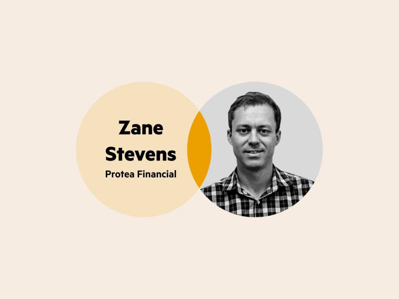 A Venn diagram—the left circle is pale yellow with the words 'Zane Stevens, Protea Financial' and the right circle is Zane's headshot in black and white. The circle crossover is bright yellow.