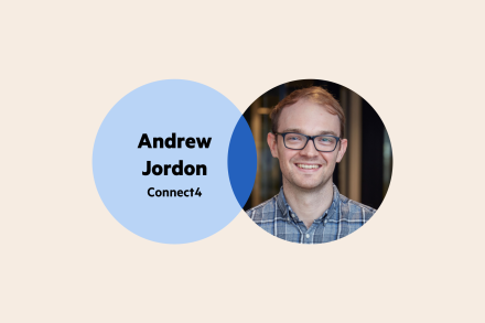 A Venn diagram: the left circle is pale blue with the words 'Andrew Jordon Connect4', and the right circle is Andrew Jordon's headshot—he has light short hair, and is wearing thick rimmed glasses and a grey checkered collared shirt.