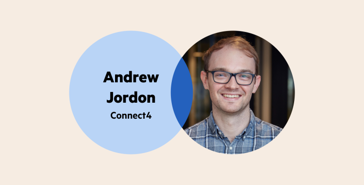 A Venn diagram: the left circle is pale blue with the words 'Andrew Jordon Connect4', and the right circle is Andrew Jordon's headshot—he has light short hair, and is wearing thick rimmed glasses and a grey checkered collared shirt.