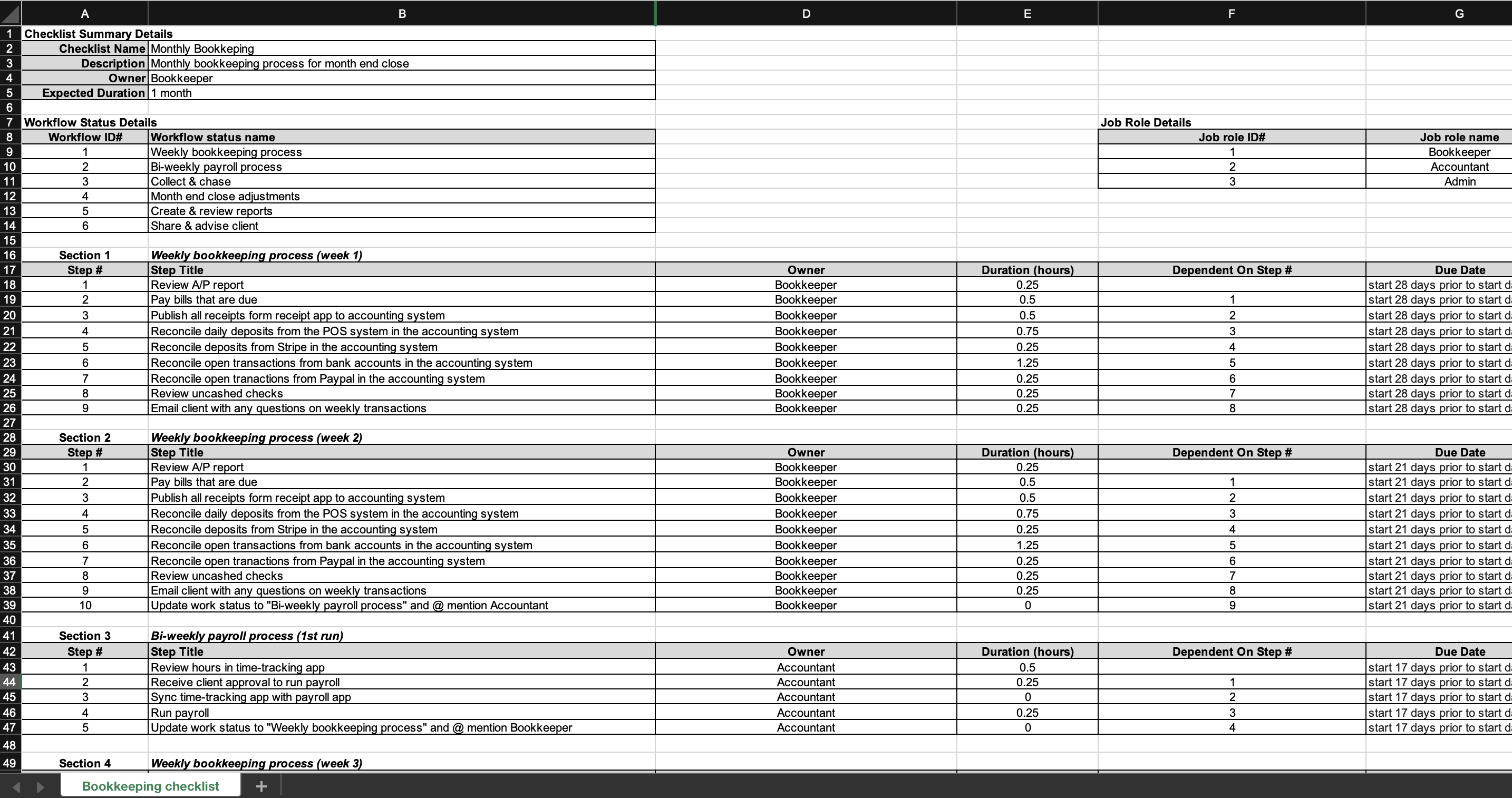 Bookkeeping pricing guide: A screenshot taken of the Karbon Bookkeeping Best Practice Workflow template.