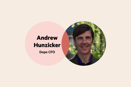A Venn diagram: the left circle is pale pink with the words 'Andrew Hunzicker Dope CFO', and the right circle is Andrew's headshot.