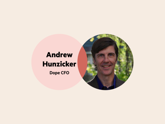 A Venn diagram: the left circle is pale pink with the words 'Andrew Hunzicker Dope CFO', and the right circle is Andrew's headshot.