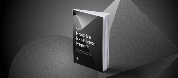 A black, white and gray textured book cover with the words '2022 Practice Excellence Report Analyzing the business abilities of accounting firms across the globe'.