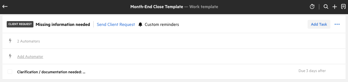 A screenshot of the Month-End Close template from the Karbon Template Library. It includes a step for sending an automatic email request to client for missing information