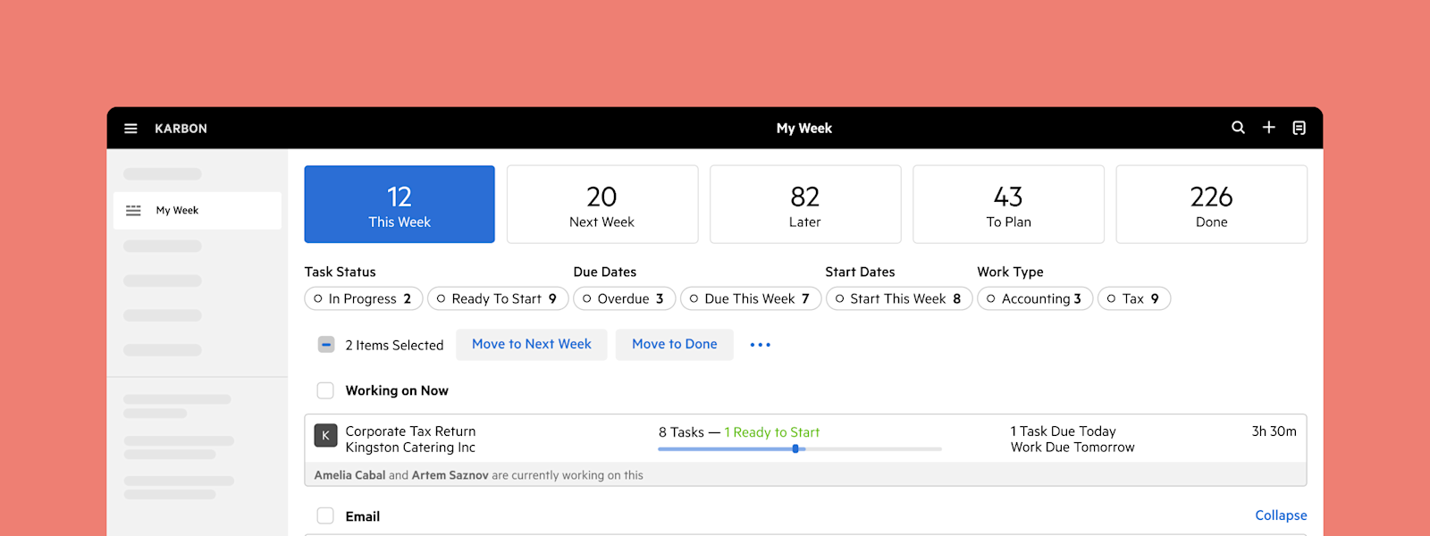 The My Week dashboard in Karbon, displaying the 5 planning buckets and a list of tasks.