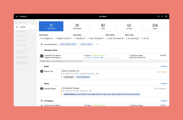 The My Week dashboard in Karbon, displaying the 5 planning buckets and a list of tasks.